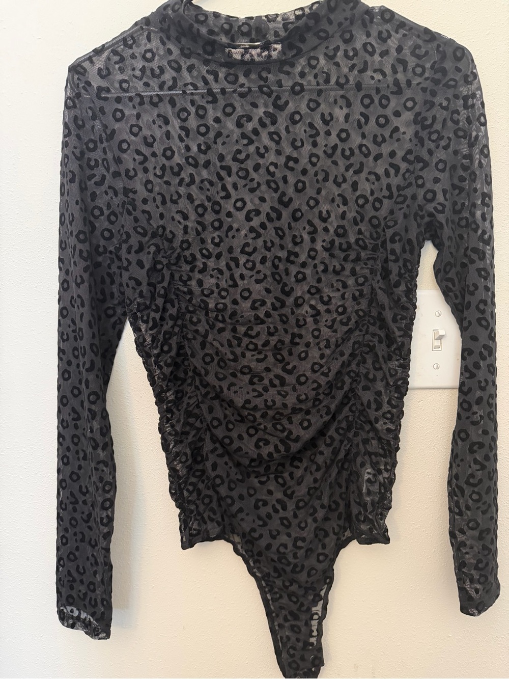 Saints and Hearts Black Sheer Leopard Ruched Long Sleeve Bodysuit